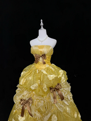 Gold strapless, fitted waist, full skirt, long ball gown R9058