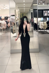 Black halter neck, fitted waist, bodycon, sexy fishtail skirt, long ball gown R7898