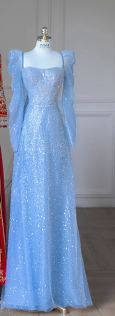 Blue Long-Sleeve Sequin Fitted-Waist Slim-Fit Sexy Long Prom Gown / Bridal Gown R5912