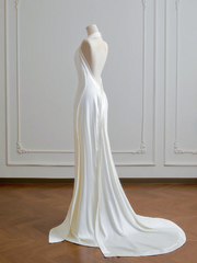 White halter-neck, fitted waist, backless, sexy bodycon long ball gown R8188