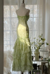 Light green sequined halter-neck fitted bodycon long ball gown R6553