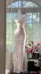 Light pink floral print halter-neck fitted long ball gown R7628