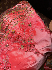 Pink strapless, fitted waist, flared skirt, fairy-like long ball gown R6952