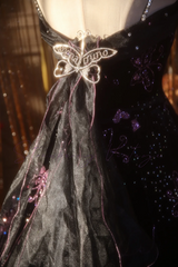 Black Spaghetti Strap Waist-Cinched Vintage Floral Puff-Skirt Ball Gown R7394