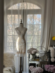 Apricot white halter-neck fitted bodycon short ball gown R7708