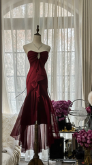 Deep red strapless, fitted waist, bodycon, sexy long ball gown R7709