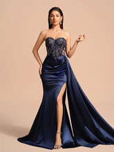 Navy blue strapless rhinestone boning fitted long sexy ball gown R8880