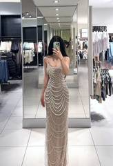 Light champagne-colored strapless, fitted, bodycon, sexy long ball gown R7900