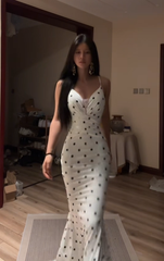 White halter-neck polka dot fitted long ball gown R7553