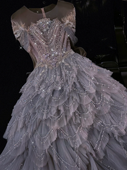 Gray-blue round neck sequined fitted long ball gown R8820