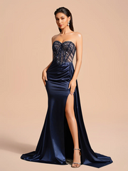 Navy blue strapless rhinestone boning fitted long sexy ball gown R8880