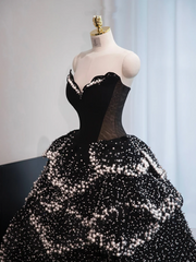 Black strapless, fitted waist, full skirt, long ball gown R8970
