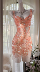 Orange-pink halter-neck, fitted waist, backless, sexy bodycon short ball gown R7668