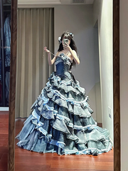 Gray-blue strapless, fitted waist, tiered, full skirt, long ball gown R8637