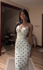 White halter-neck polka dot fitted long ball gown R7553