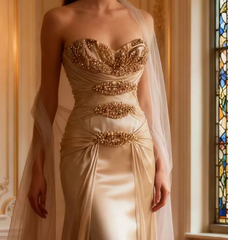 Champagne-colored halter-neck rhinestone-embellished fitted bodycon long ball gown R6714