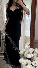 Black halter-neck fitted bodycon ball gown with a sexy asymmetrical hem R7748