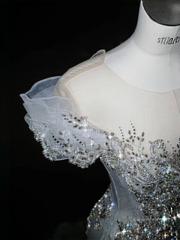 Light blue one-shoulder diamond waist-hugging hip-wrapped fishtail sexy long skirt, prom dress R5643