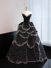 Black strapless, fitted waist, full skirt, long ball gown R8970
