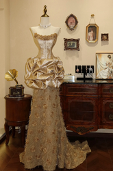 Golden strapless waist-cinching ruffled-bud hem long sexy prom dress R7940