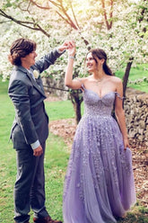 Lace Tulle Long Prom Dresses Off-the-Shoulder A-Line Formal Gown S5305