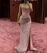 Pink Beaded Mermaid Long Evening Dress Sleeveless Sexy Formal Dress S7042