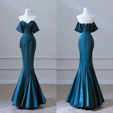Simple Off Shoulder Satin Ink Blue Long Prom Dress, Ink Blue Long Formal Dress S5355