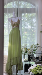 Gray-green halter-neck high-waisted long elegant ball gown R7641