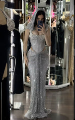 Silver formal dress Sexy Mermaid Long Evening Dresses Prom Gown S6956