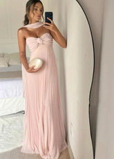 Pink Strapless A-Line Pleated Elegant Long Prom Dress Wedding Guest Dress Evening Party Dress S7069