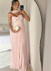 Pink Strapless A-Line Pleated Elegant Long Prom Dress Wedding Guest Dress Evening Party Dress S7069
