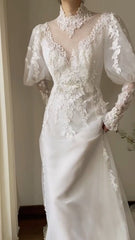 Lace High Neck Long Wedding Dress Modest Princess Bridal Gown S7102