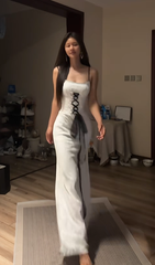 White halter-neck fitted lace skirt ball gown R8076