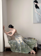 Light green halter-neck fitted floral maxi skirt ball gown R8051
