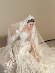 White strapless lace waist slim sexy fishtail long dress bridal gown R6028