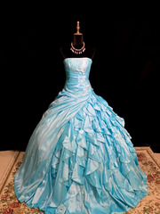 Light blue strapless, fitted waist, full skirt, long princess ball gown R8670