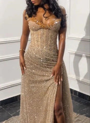 Shiny Long Prom Dress With Split,Charming Evening Gown S6173