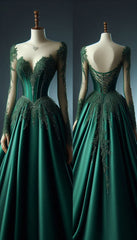 Green Satin Appliques Evening gowns, Long Prom Dress S7154