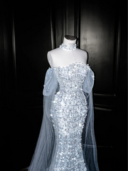 Light blue sequined one-shoulder waist-hugging hip-wrapped fishtail sexy long skirt, prom dress R5616