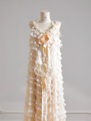 Light apricot halter-neck cake skirt long ball gown R8140