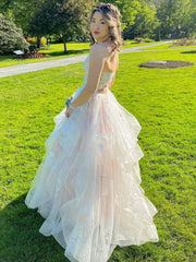 Lace Long Prom Dresses, Light Champagne Lace Formal Evening Dresses, Champagne Ball Gown S5361