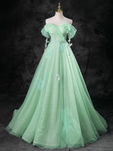 Green A-Line Off Shoulder Tulle Long Prom Dress, Green Long Formal Dress S5391