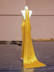 Light blue and yellow spliced cheongsam sexy long ball gown R8335