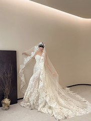 White strapless lace waist slim sexy fishtail long dress bridal gown R6028