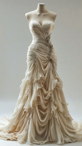 Vintage Mermaid Sweetheart Chiffon Ruffles Long Wedding Dress S7068