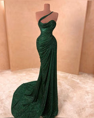 Dark Green Sequin One Shoulder Elegant Evening Gowns Long Prom Dress S7234