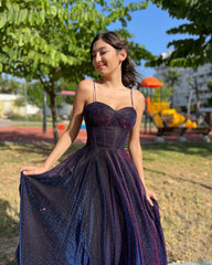 Elegant Spaghetti Straps A-line Tulle Long Prom Dresses S7148