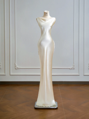 Champagne-colored satin fitted backless bodycon long ball gown R8161