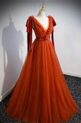 Simple V-Neck Tulle Long Prom Dress, A-Line Formal Evening Dress S5328