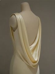 Pastel Yellow Satin Backless Mermaid Long Prom Dress S7065